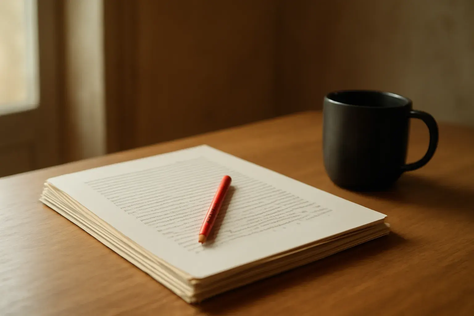 A Lisbon studio desk in warm natural light, with paper and a red pen at rest.